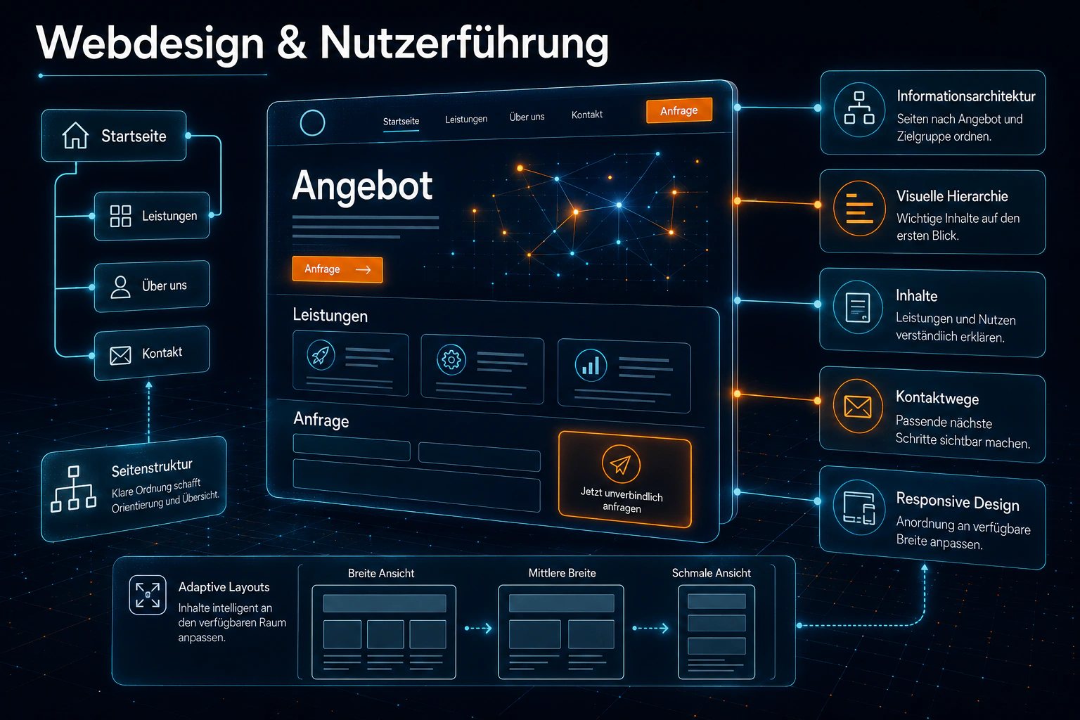 Schaubild zur Planung einer Website mit Inhalten, Nutzerführung und Kontaktwegen