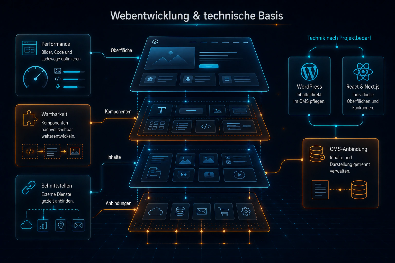 Schaubild zur technischen Umsetzung mit Oberfläche, CMS, Performance und Wartung