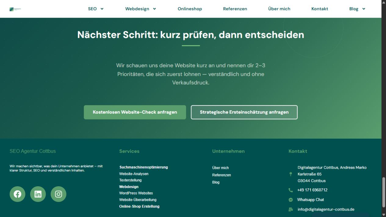 Abschlussbereich der Website der Digitalagentur Cottbus