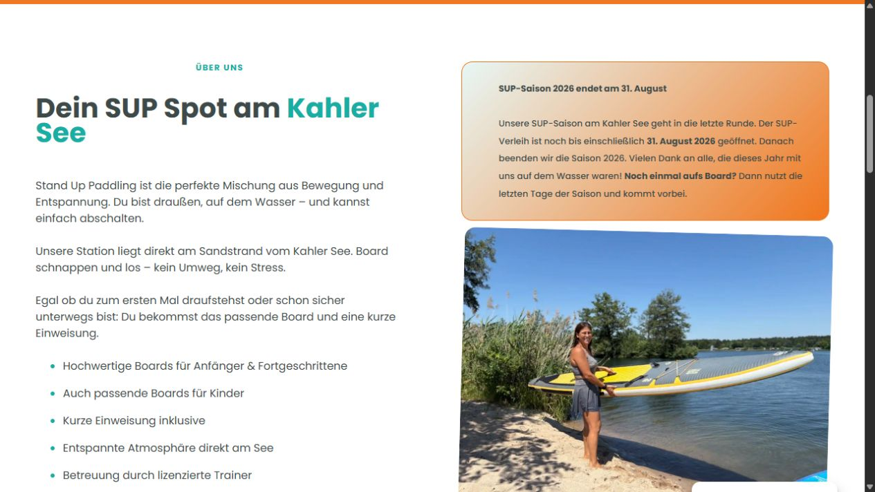 SUP-Spot-Seite mit Kursinformationen am Kahler See