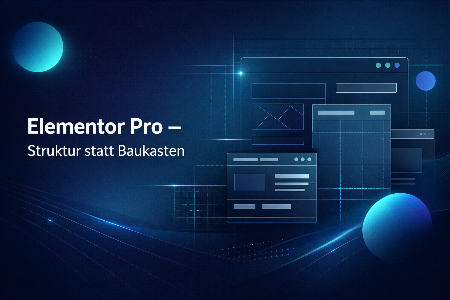 Grafik zu Elementor Pro mit abstrakten Website Layouts, Grid Struktur und dunklem Blau-Cyan-Farbverlauf