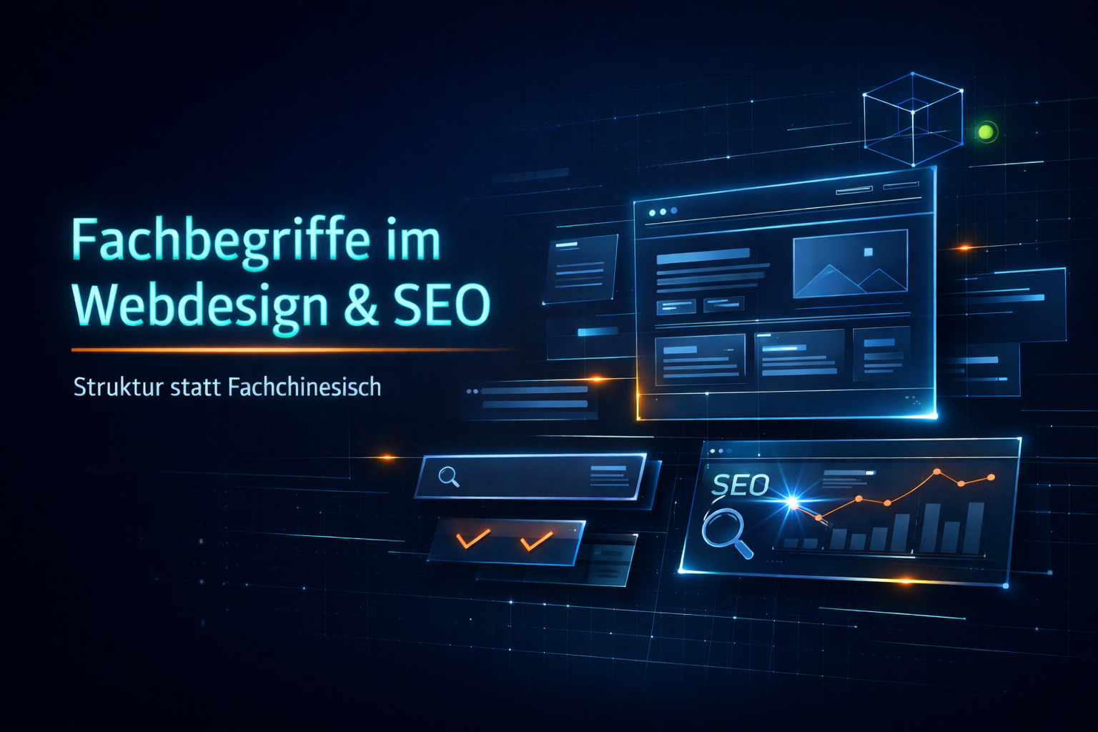 achbegriffe im Webdesign und SEO – digitales Interface mit UI-Elementen, Diagrammen und Suchsymbol im dunklen Blau-Cyan-Design