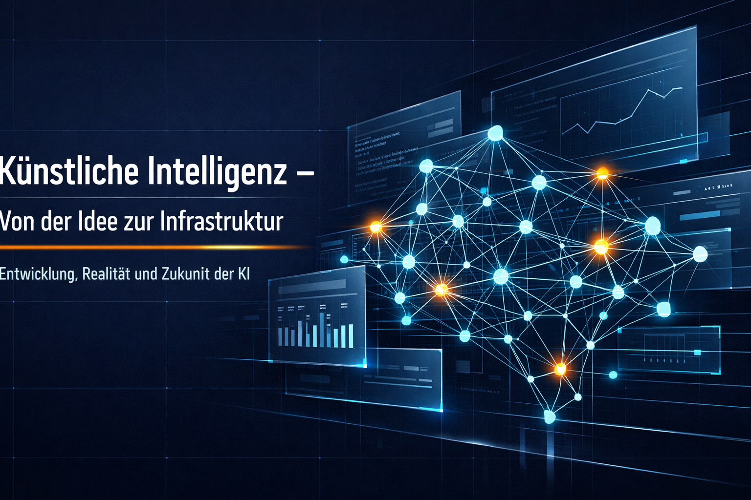 Digitales neuronales Netzwerk mit verknüpften Datenknoten und Analyse-Dashboards als Visualisierung der Entwicklung der Künstlichen Intelligenz zur Infrastruktur