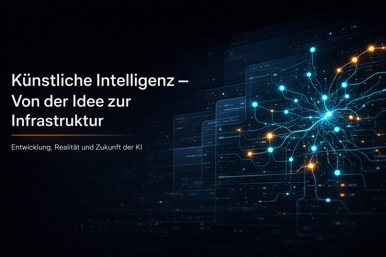 Digitales neuronales Netzwerk mit verknüpften Datenknoten und Analyse-Dashboards als Visualisierung der Entwicklung der Künstlichen Intelligenz zur Infrastruktur