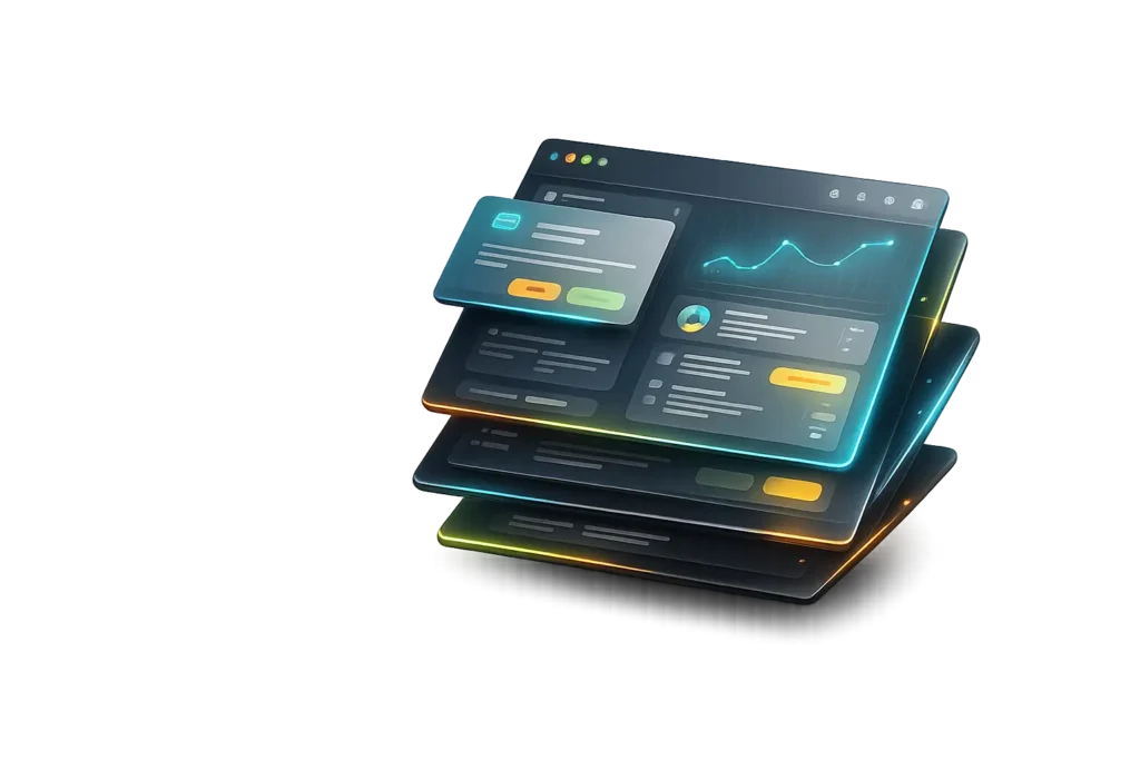 3D Website-Struktur mit UI-Panels als Symbol für professionelles Webdesign für kleine und mittlere Unternehmen in Frankfurt