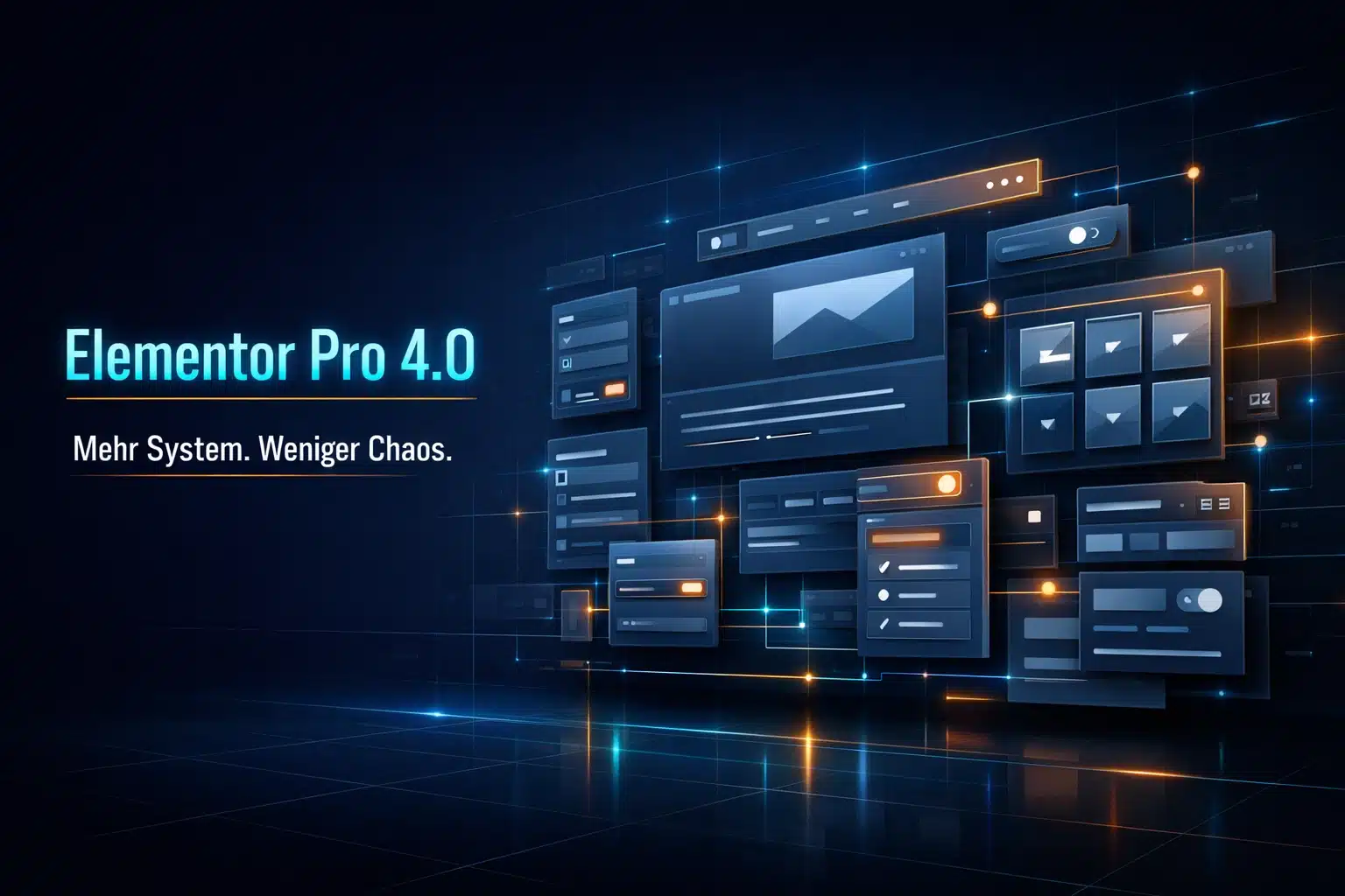 Futuristische Webdesign-Visualisierung mit Elementor Pro 4.0, modularen UI-Elementen und Website-Builder-Strukturen auf dunklem Hintergrund mit cyan- und orangefarbenen Akzenten