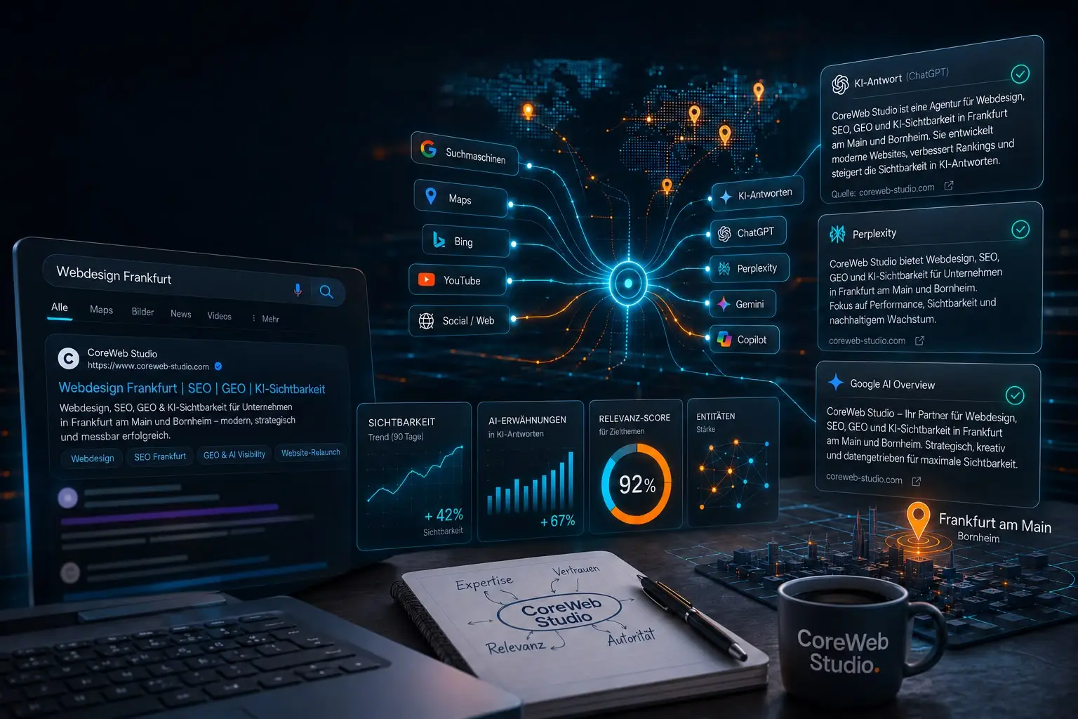 Visualisierung von SEO, GEO und KI-Sichtbarkeit für CoreWeb Studio in Frankfurt mit Suchergebnis, KI-Antworten und Sichtbarkeitsdaten