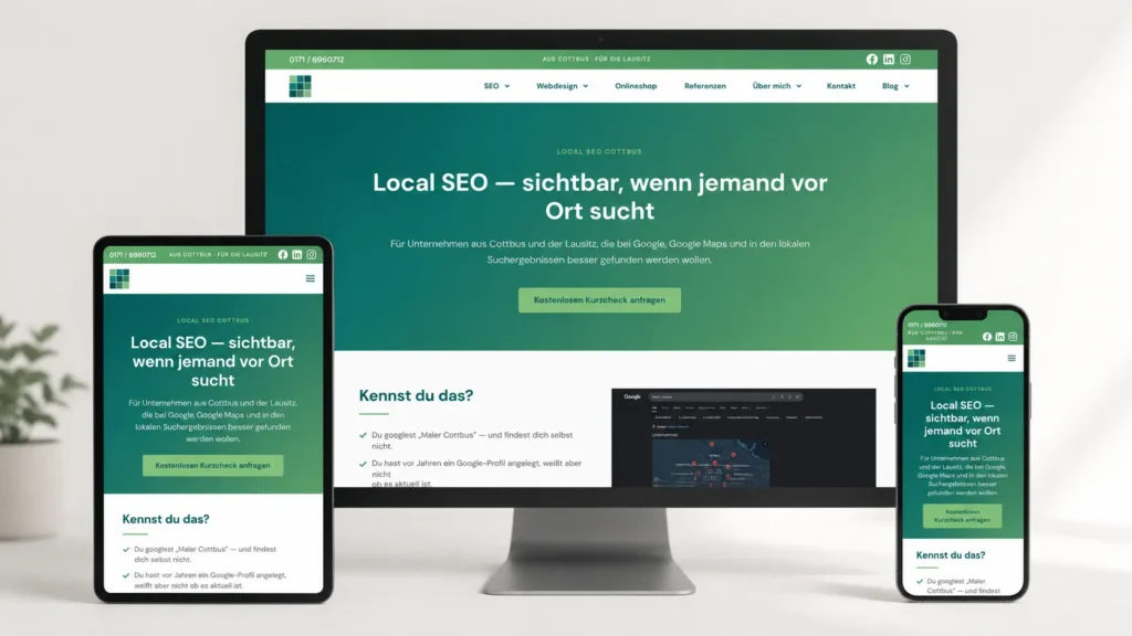 Responsive Darstellung der Local-SEO-Seite der Digitalagentur Cottbus auf Desktop, Tablet und Smartphone