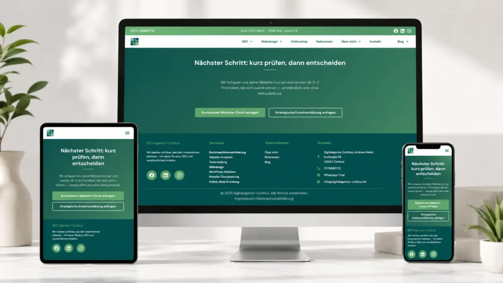 Responsiver CTA- und Footer-Bereich der Digitalagentur Cottbus auf Desktop, Tablet und Smartphone