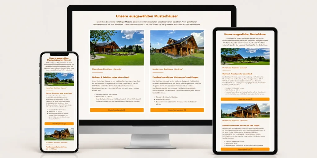 Responsive Darstellung der Musterhäuser Kanada und Montreal von Holzbau Rustikal auf Desktop, Tablet und Smartphone