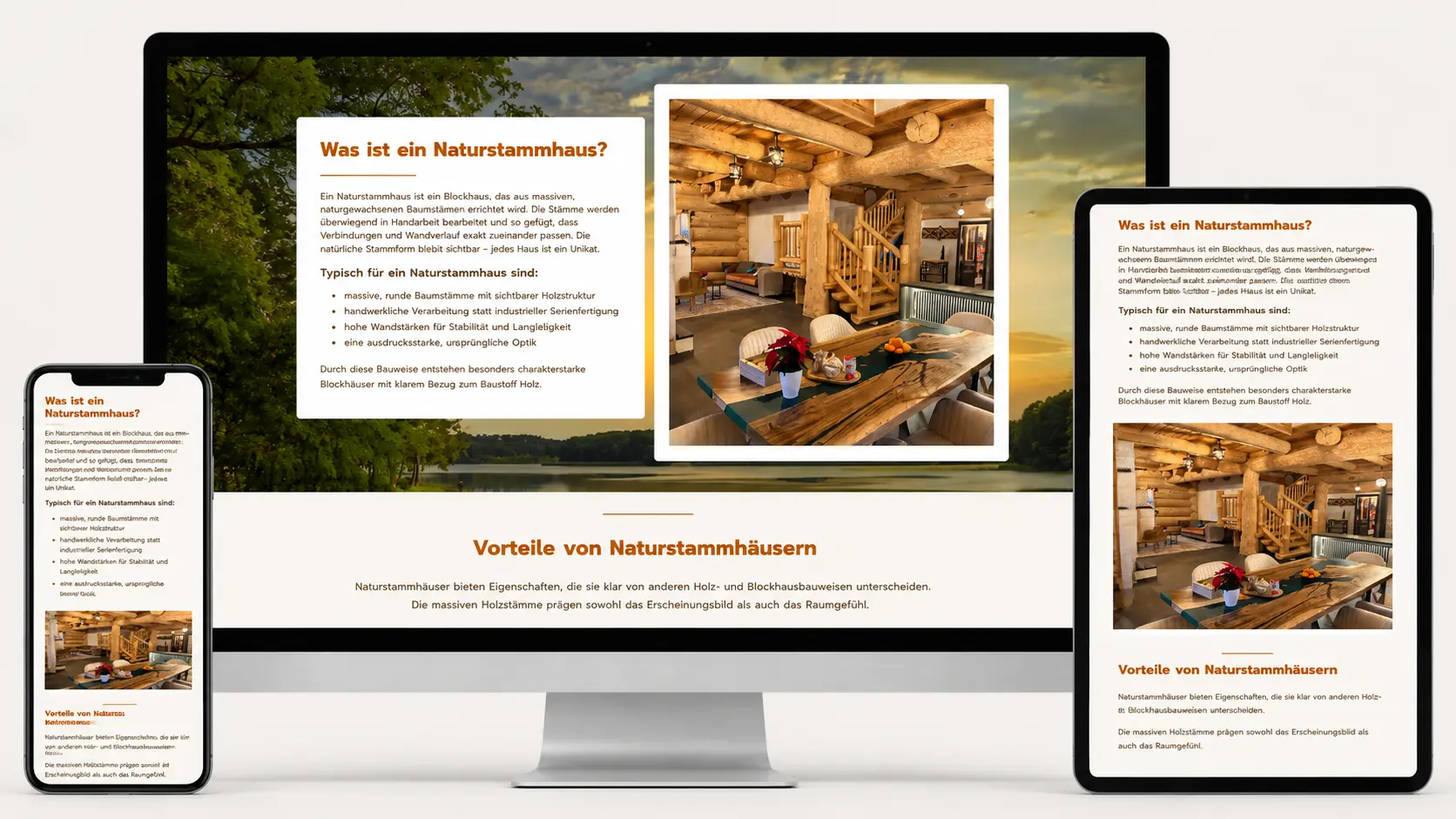 Responsive Darstellung der Naturstammhaus-Seite von Holzbau Rustikal auf Desktop, Tablet und Smartphone