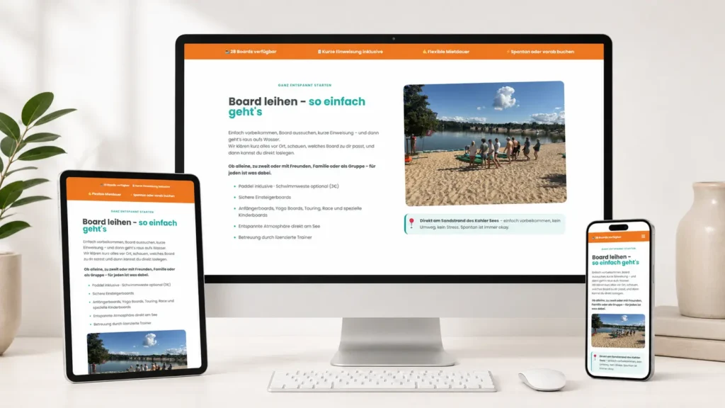 Responsive Darstellung des Boardverleihs von SUP Camp Kahl auf Desktop, Tablet und Smartphone