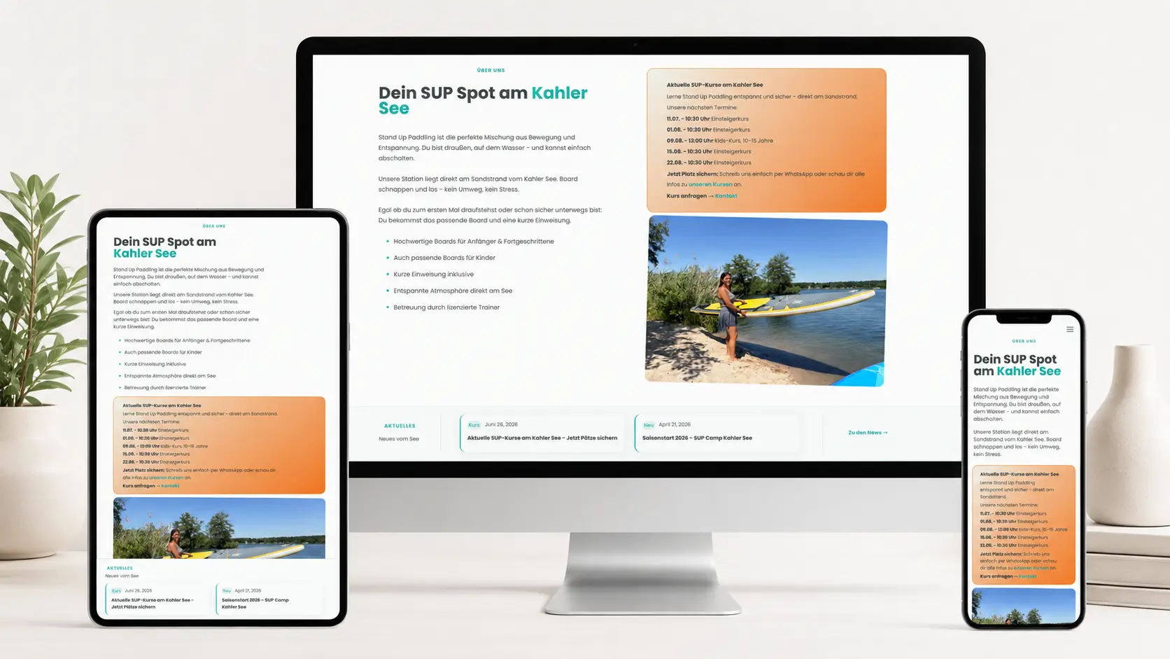 Responsive Darstellung des SUP-Spots und Kursbereichs von SUP Camp Kahl auf Desktop, Tablet und Smartphone
